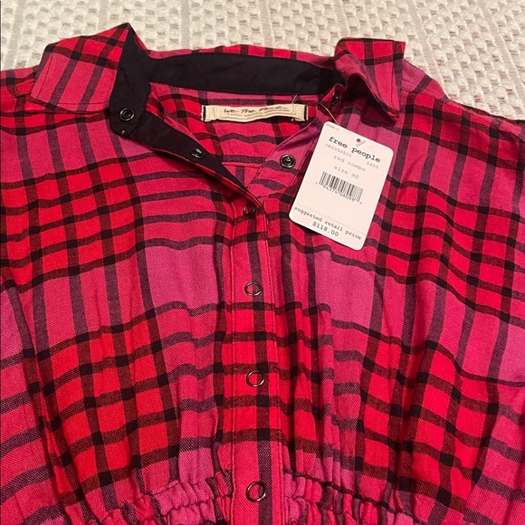 NWT Free People We The Free Pacific Dawn Plaid Shirt in color Red Combo - Picture 6 of 16